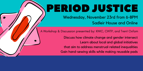 Banner image for the event, featuring a teal, pink, and dark blue background and a large clip art menstrual pad in the left hand corner.