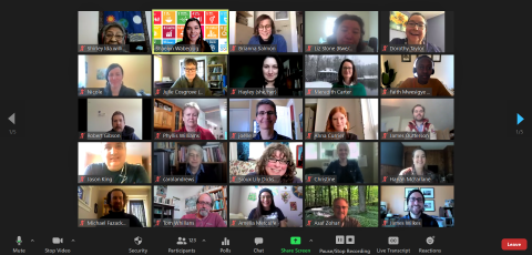 A screenshot of some of the SDG community forum participant's smiling faces on the Zoom platform
